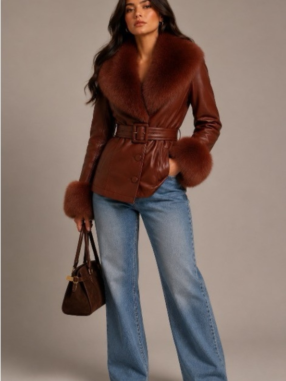 Brown Faux-Fur Trim Leather Jacket with Belt